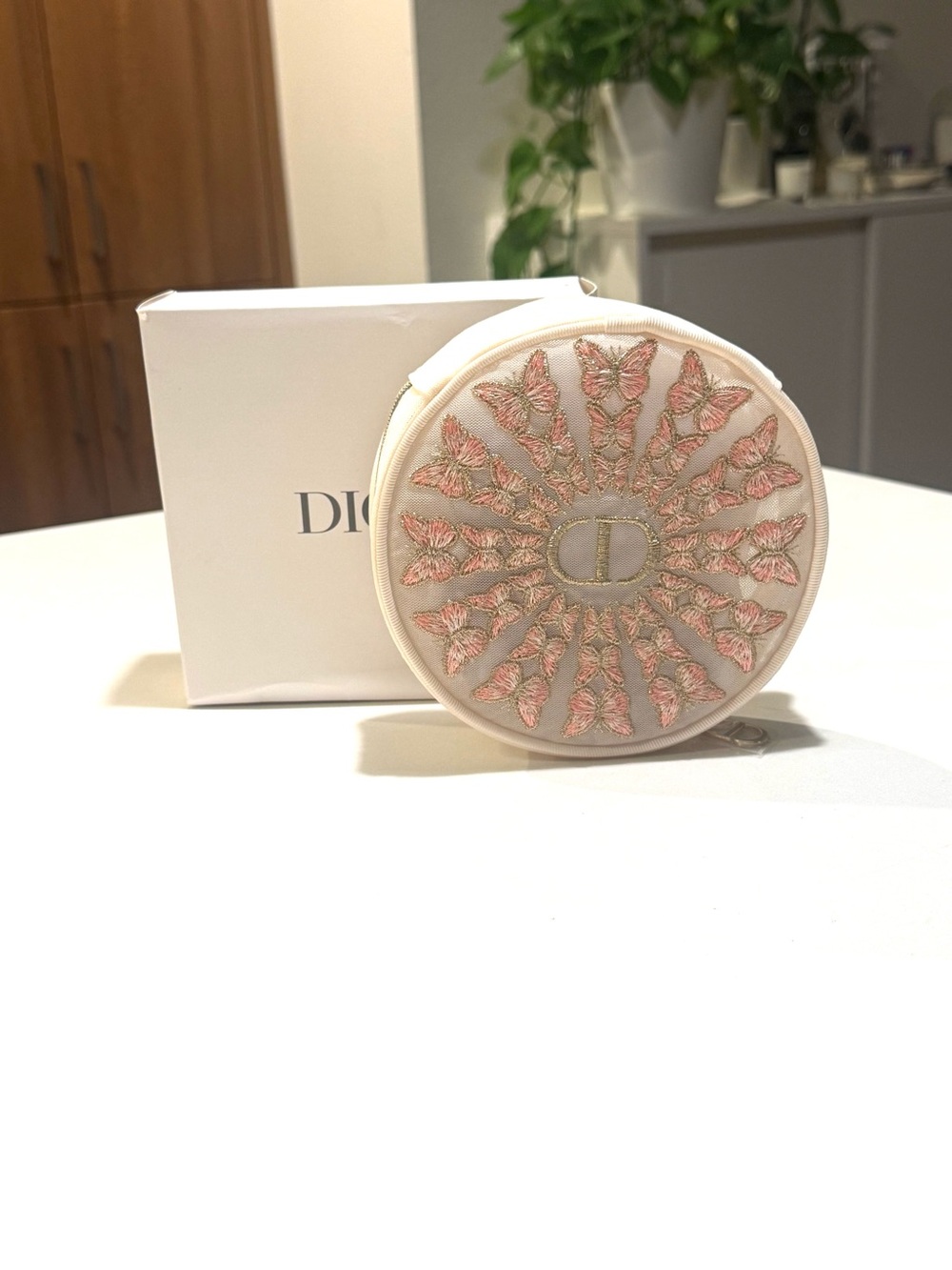 Dior Cream Round Pouch with Pink Embroidered Motif